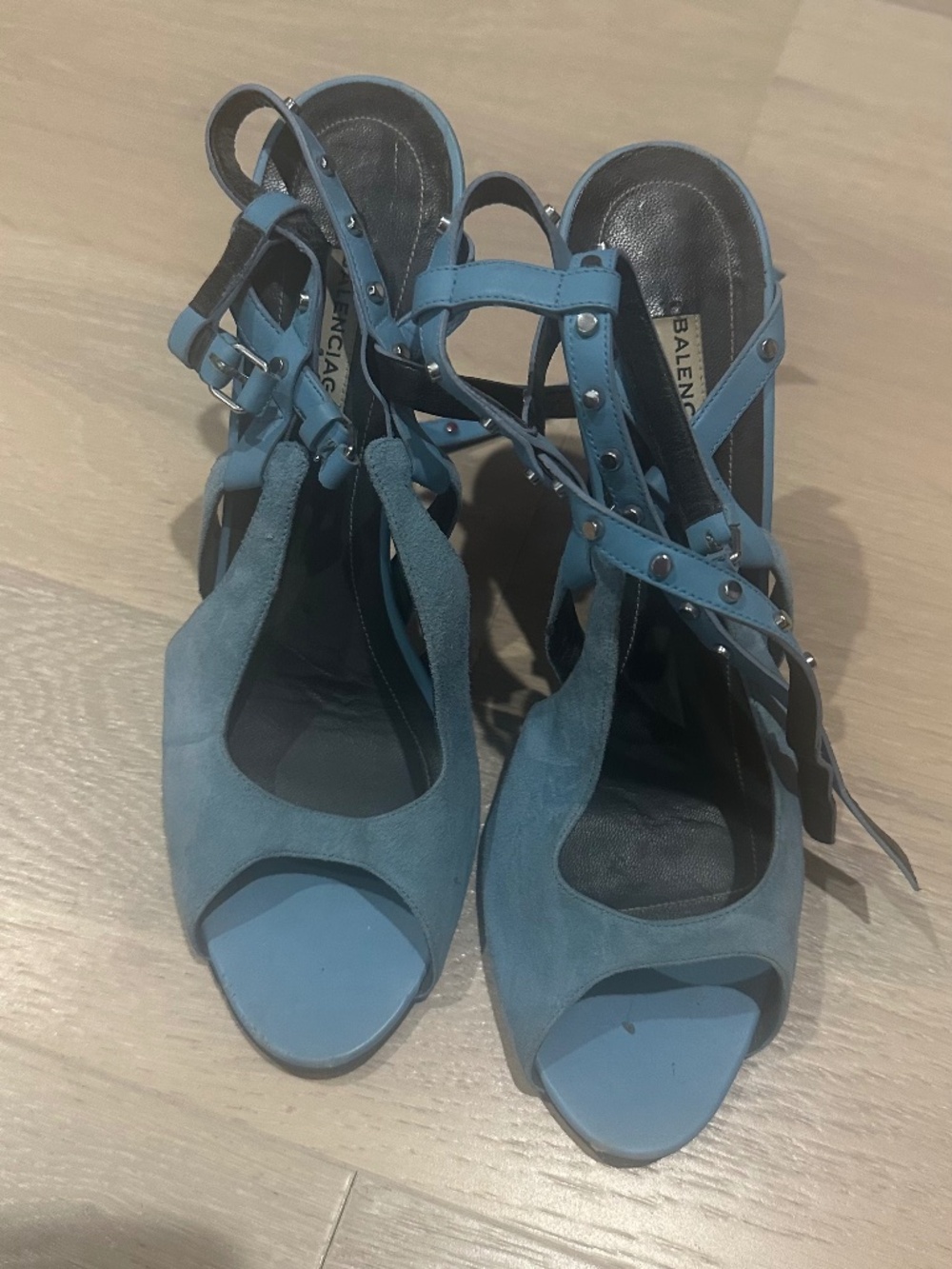 Balenciaga blue strappy sandal heels